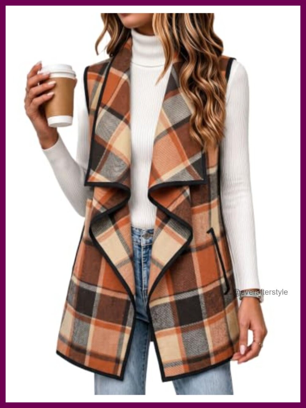 Sleeveless Plaid Flannel Vest Long Open Front Jacket with Pockets